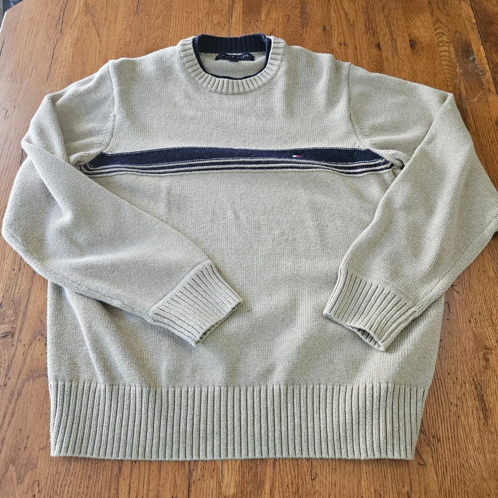 Tommy Hilfiger Mens Sweater Sz Medium Beige Cotton Blend Striped‎ Crew Neck Knit - Picture 8 of 10